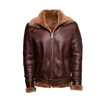 Phan Brown Aviator Bomber Shearling Jacket with Waist Belt