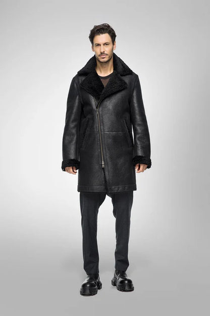 Men Black B7 Shearling Bomber Leather Coat