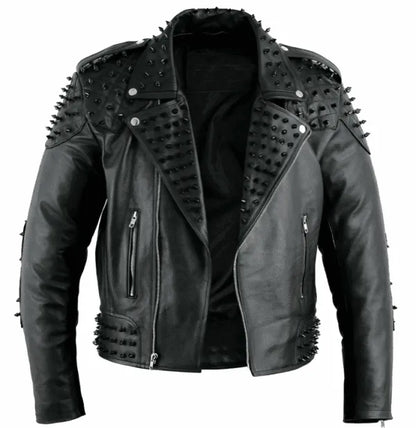 Men Studded Black Biker Leather Jacket