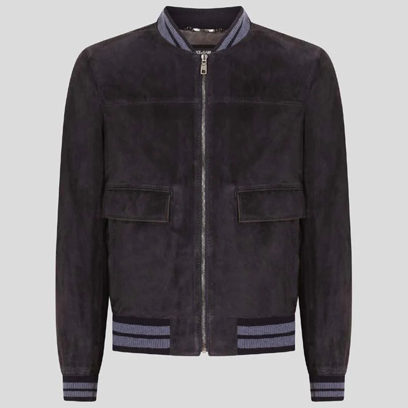 Black Suede Leather Bomber Jacket for Men
