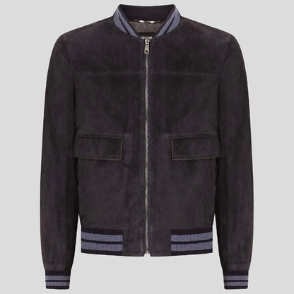 Black Suede Leather Bomber Jacket for Men
