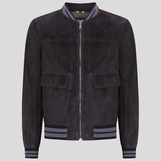 Black Suede Leather Bomber Jacket for Men
