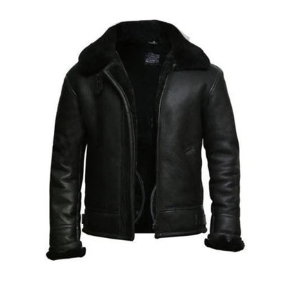 Men Black Aviator Leather Jacket with Fur Collar