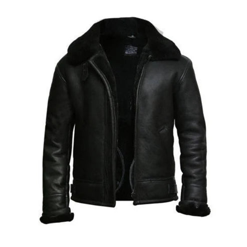 Men Black Aviator Leather Jacket with Fur Collar