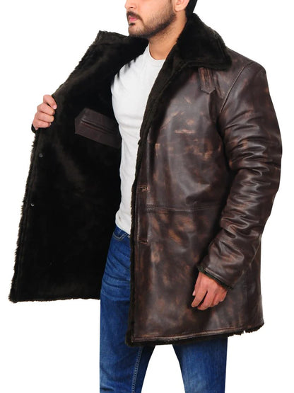 Premium Men’s Distressed Brown Leather Jacket with Fur Collar