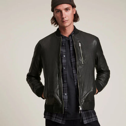 Men Black Lambskin Bomber Jacket
