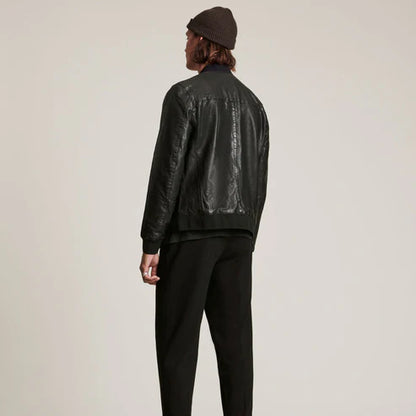 Men Black Lambskin Bomber Jacket