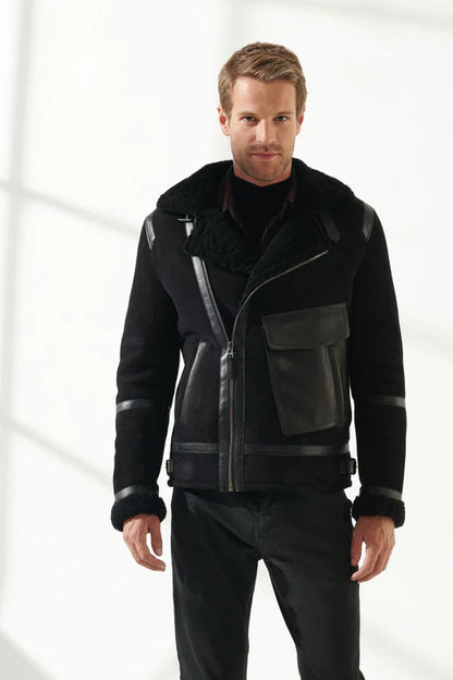 Men Black Aviator Shearling Jacket