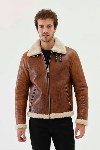 Men Tan & Off White Aviator Shearling Jacket