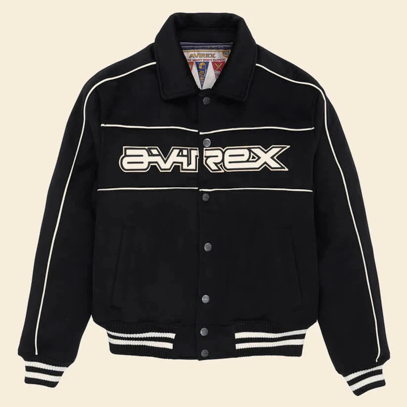 Men Black Woolrider Avirex Leather Letterman Jacket