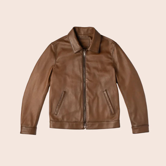 Men Point Collar Classic Brown Leather Jacket