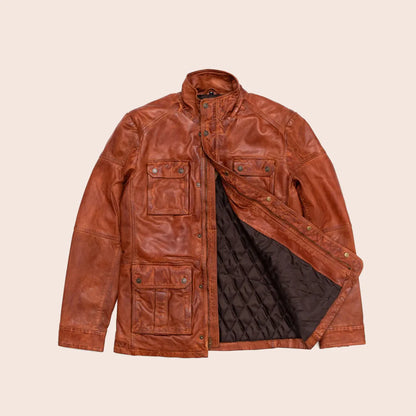 Men Pure Fine Grain Lambskin Brown Leather Field Jacket