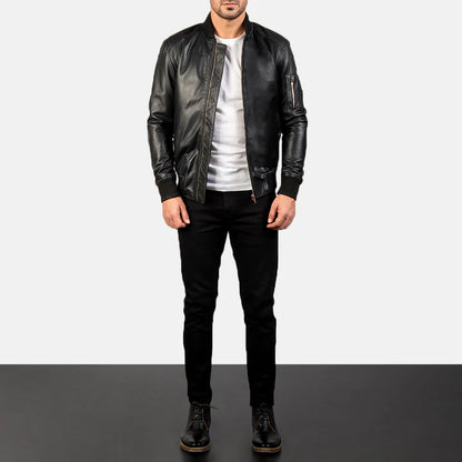 Bomia MA-1 Black Leather Bomber Jacket