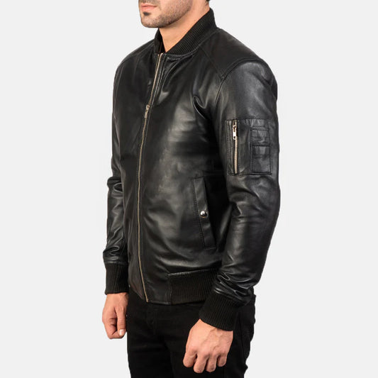 Bomia MA-1 Black Leather Bomber Jacket