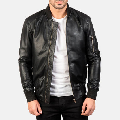 Bomia MA-1 Black Leather Bomber Jacket