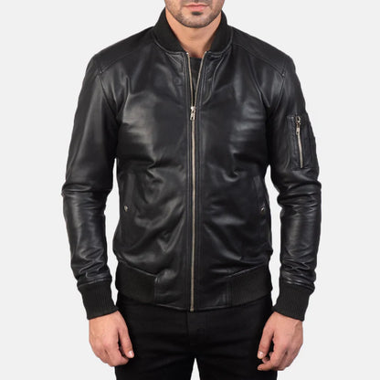 Bomia MA-1 Black Leather Bomber Jacket