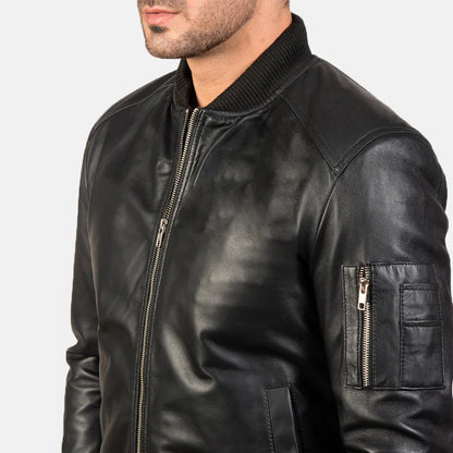 Bomia MA-1 Black Leather Bomber Jacket