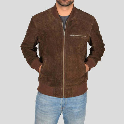 Mens Chocolate Brown Suede Leather Bomber Jacket