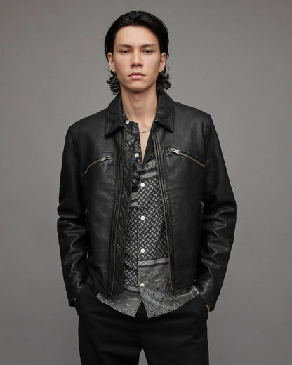 Men cafe racer leather jacket black