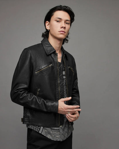 Men cafe racer leather jacket black