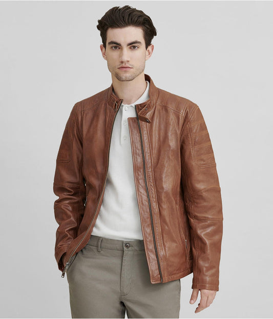 Men Brown Cafe Racer Leather Jacket