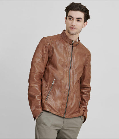 Men Brown Cafe Racer Leather Jacket