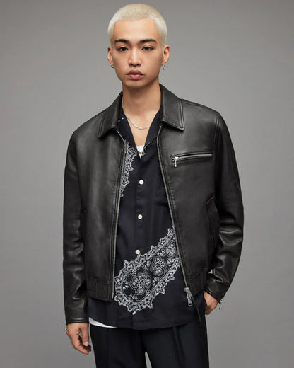 Men Black Leather Bomber Jacket