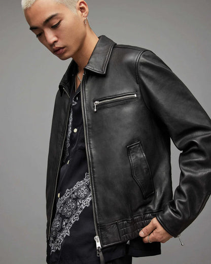 Men Black Leather Bomber Jacket