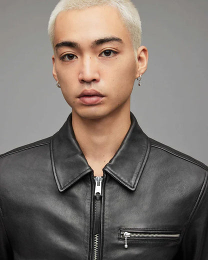Men Black Leather Bomber Jacket