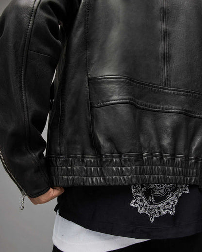 Men Black Leather Bomber Jacket