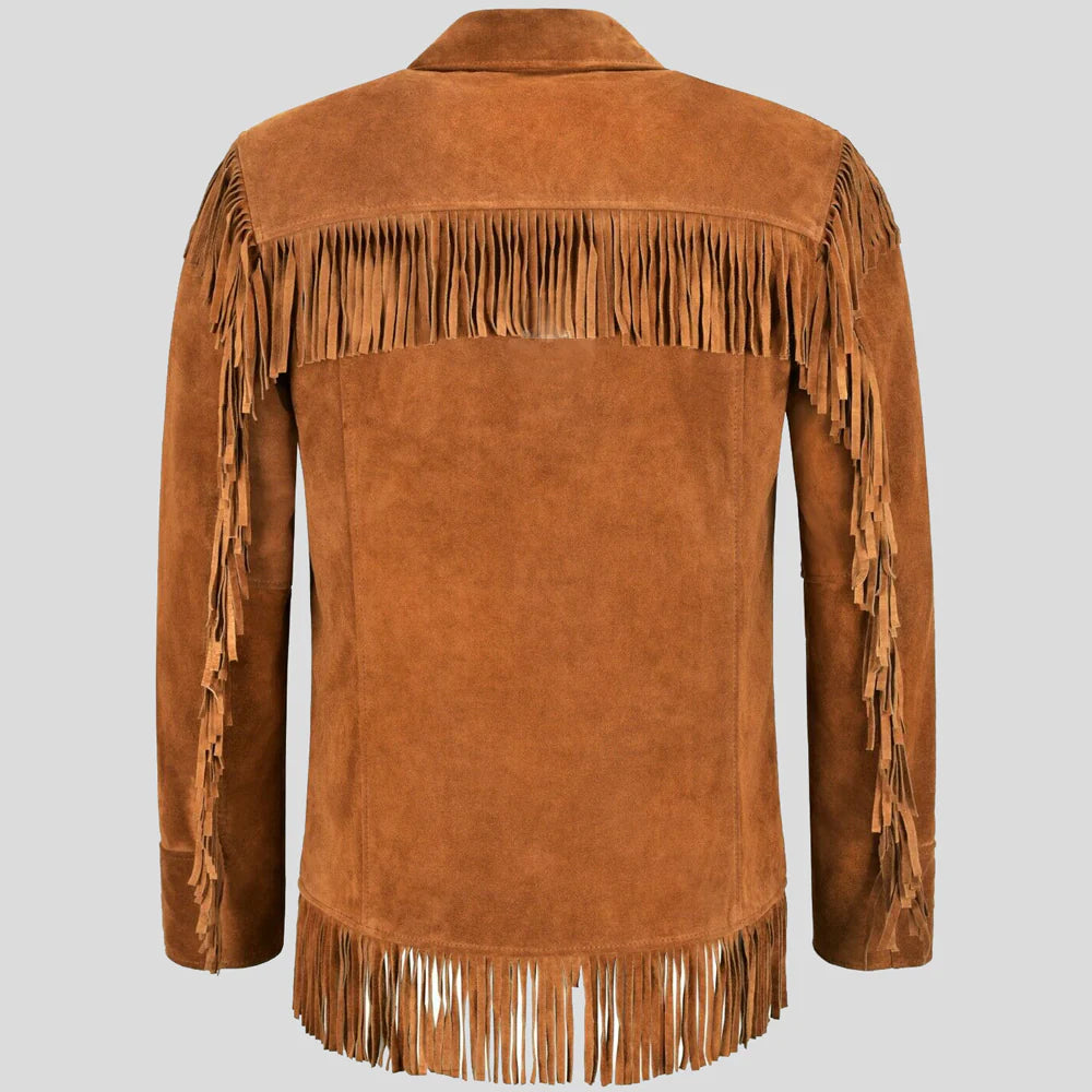 Men’s Tan Classic Western Fringe Real Suede Jacket
