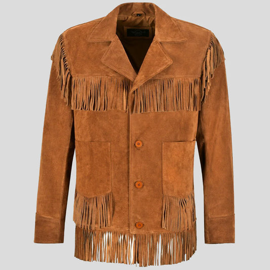 Men’s Tan Classic Western Fringe Real Suede Jacket