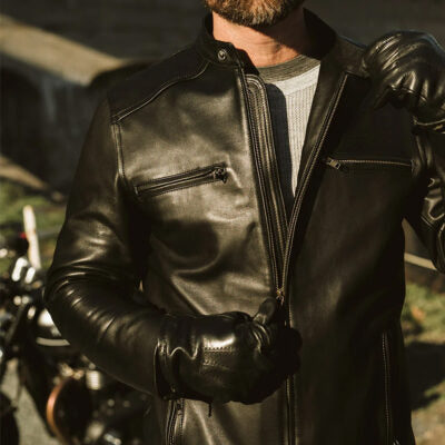 Mens Black Lambskin Leather Moto Riding Jacket