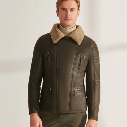 Men Green RAF Shearling Airforce Sheepskin Aviator Jacket