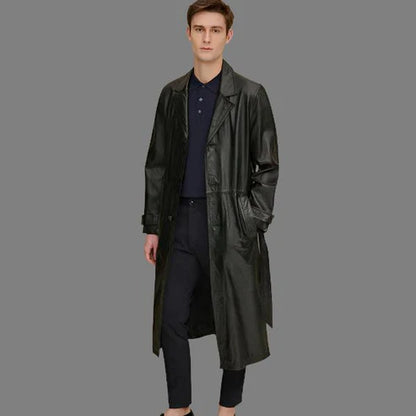 Men Retro Leather Trench Coat
