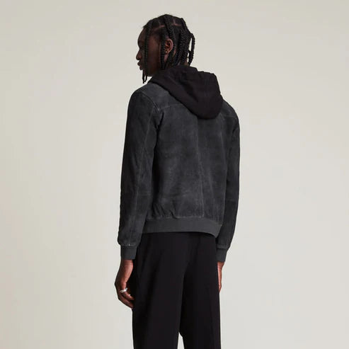 Men Suede Hooded Bomber Jacket