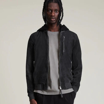 Men Suede Hooded Bomber Jacket