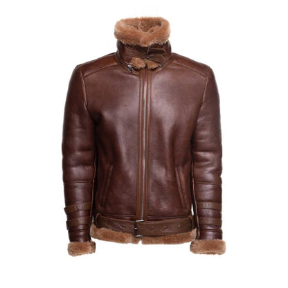 Phan Brown Aviator Bomber Shearling Jacket with Waist Belt