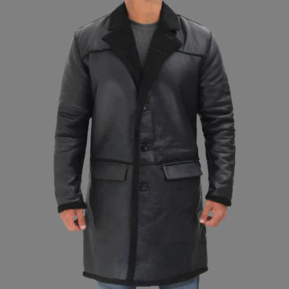Rockville Black Shearling Leather Trench Coat Men