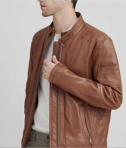 Men Brown Cafe Racer Leather Jacket