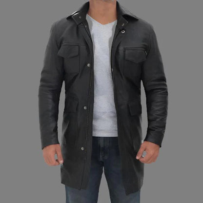 Shelby Men’s Four-Pocket Black Leather Trench Coat