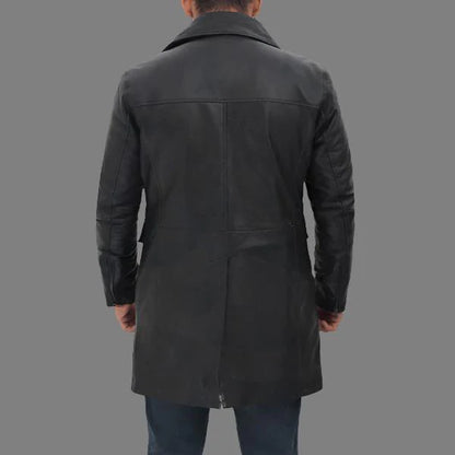 Shelby Men’s Four-Pocket Black Leather Trench Coat