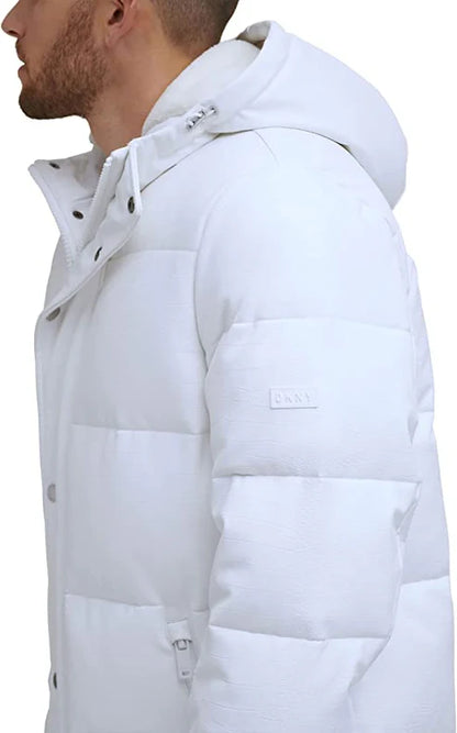 Men White Puffer Trench Leather Coat