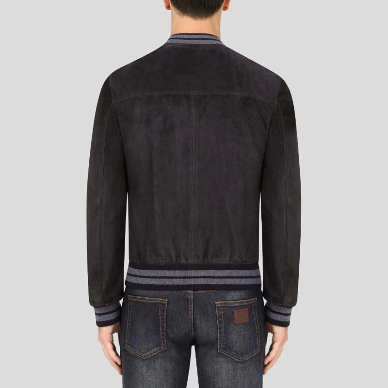 Black Suede Leather Bomber Jacket for Men