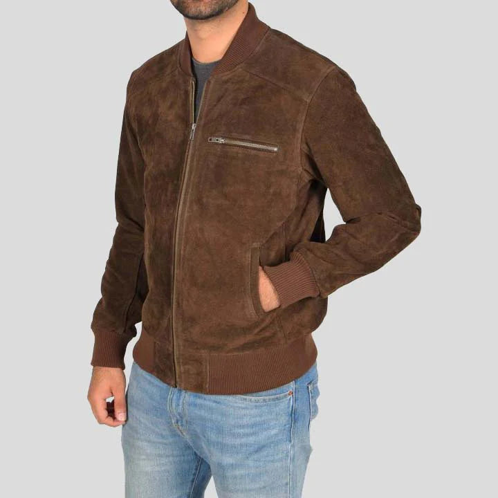 Mens Chocolate Brown Suede Leather Bomber Jacket