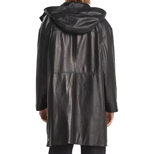 Men Black Hooded Leather Trench Coat