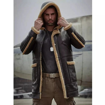 Men b7 bomber sheepskin leather coat with hood