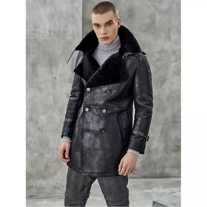 Men Black Shearling Leather Coat