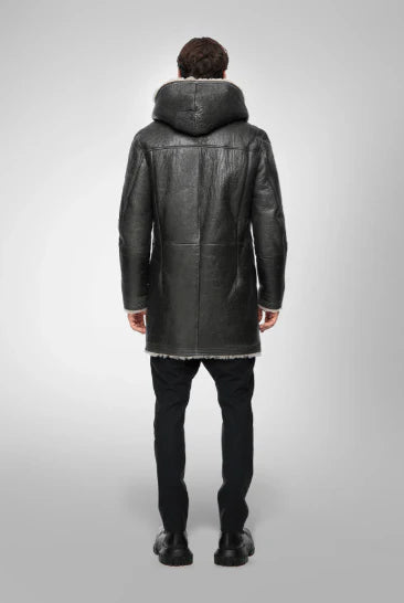 Men black shearling coat with hood