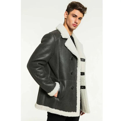 Men white fur sheepskin leather coat black